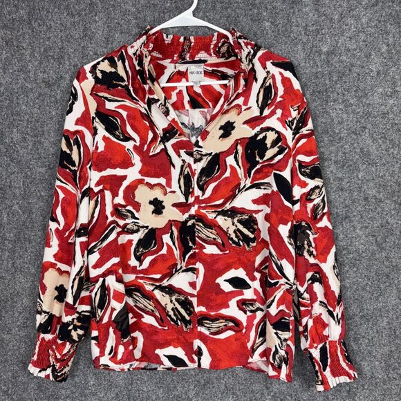 Nic + Zoe Tops - Nic + Zoe Shirt Womens Size L Red Floral Pullover Ruffle Neck Artsy